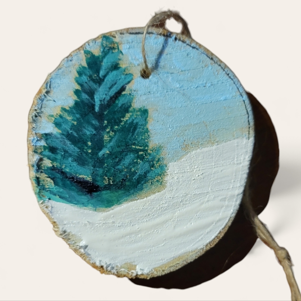 Anna's Creations Hand Crafted Painted Wood  Hanging Ornament Winter Pine Tree #3